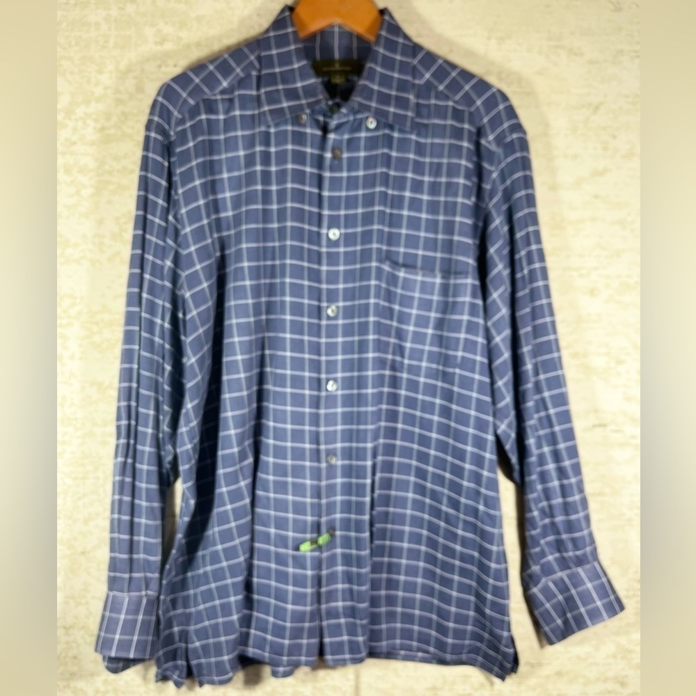 ERMENEGILDO ZEGNA Mens Blue Window Pane Shirt Size Large